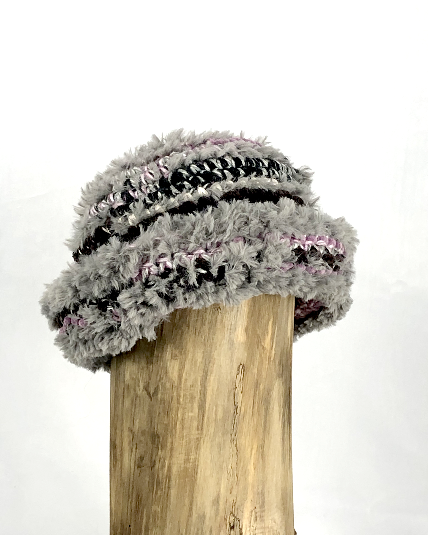 Grey and Pink Fuzzy Bucket Hat