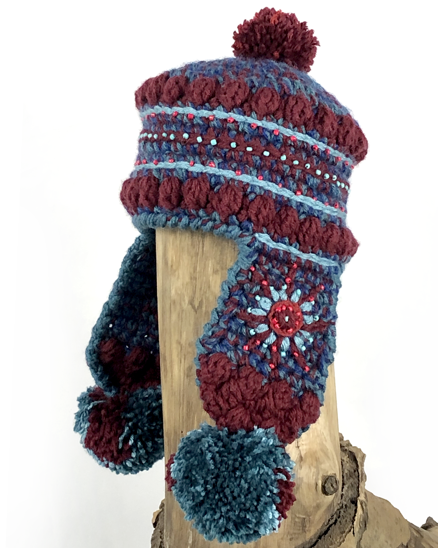 Blue and Maroon Beaded Toque