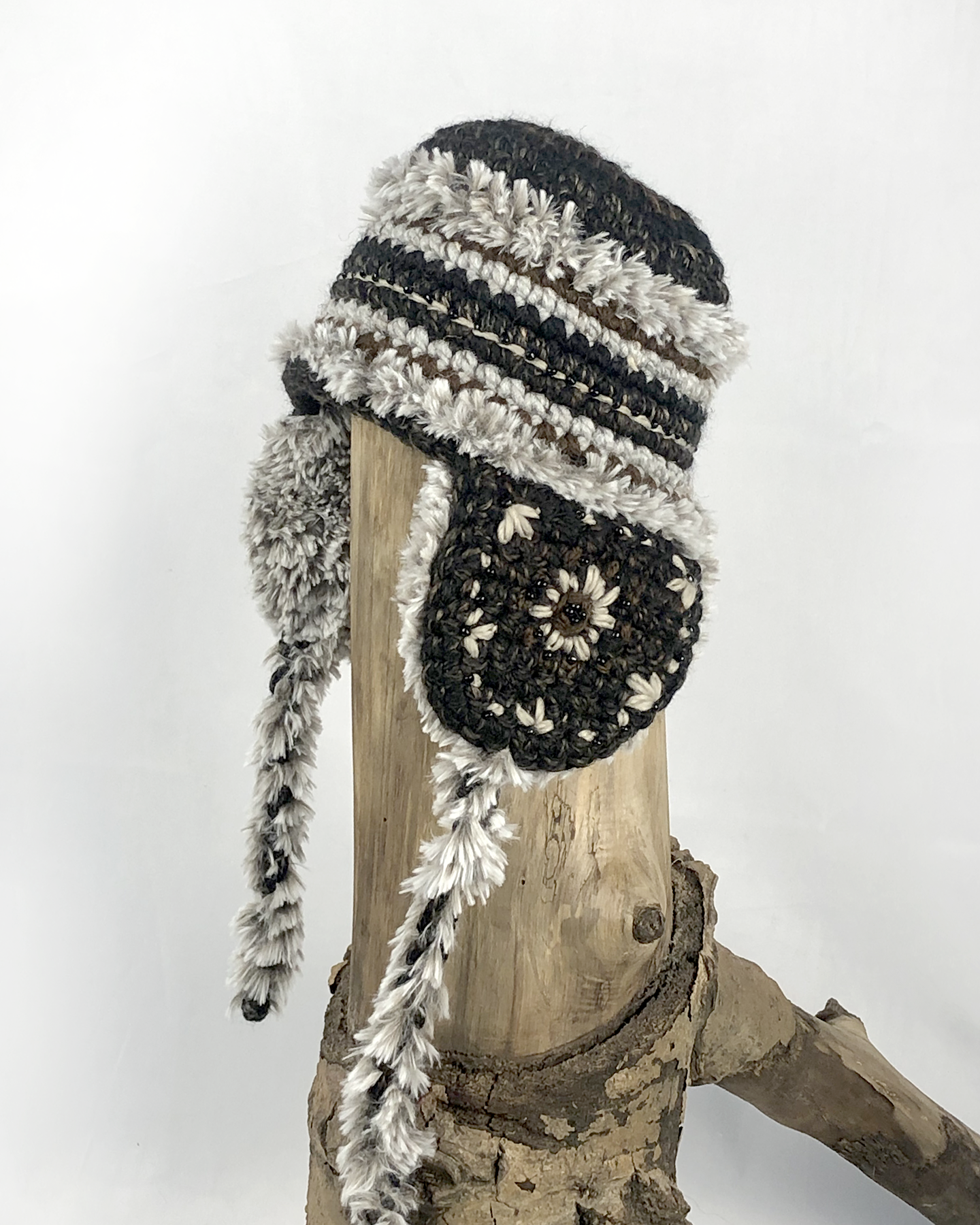 Brown Toque With Grey Fuzzy Ear Flaps