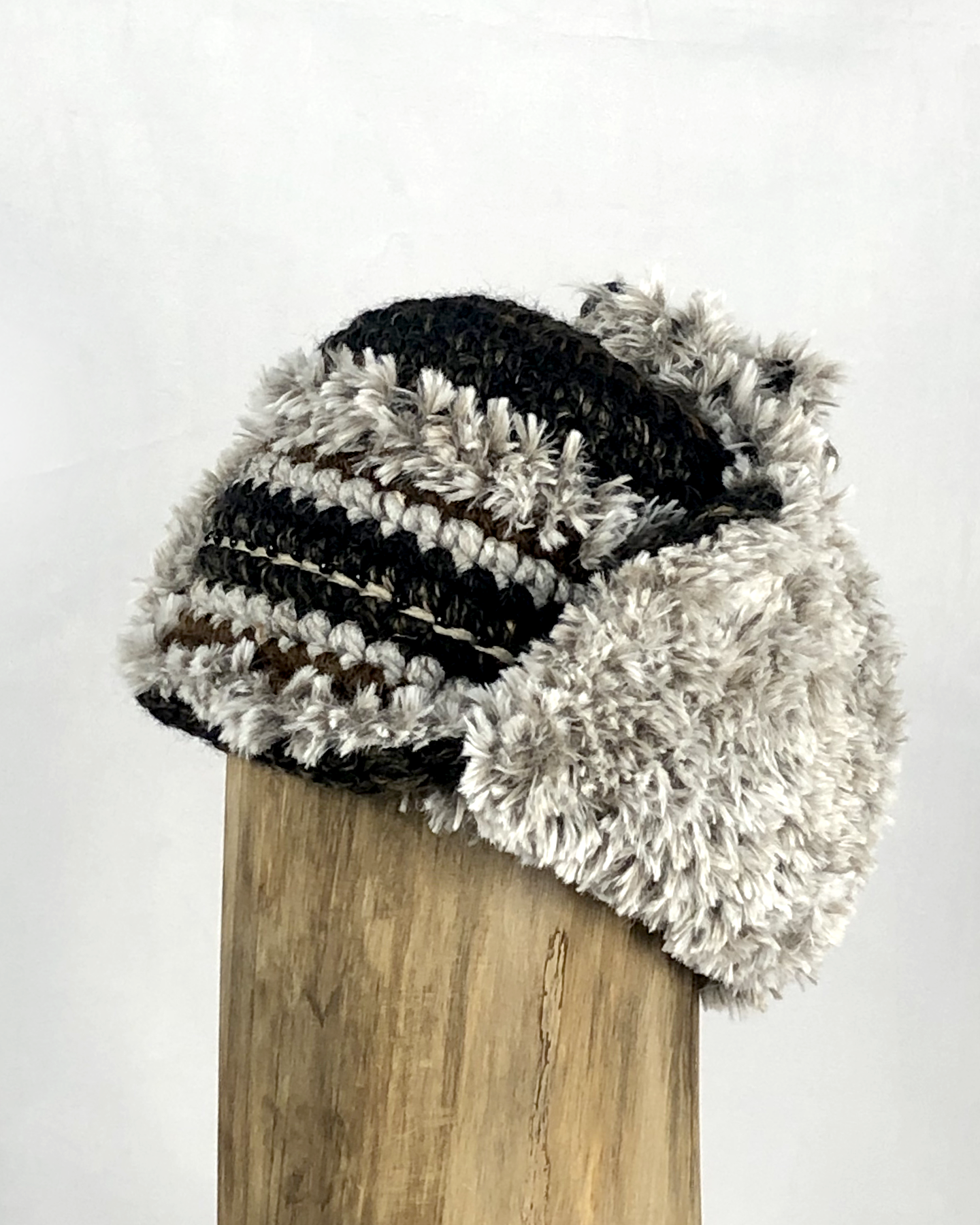 Brown Toque With Grey Fuzzy Ear Flaps