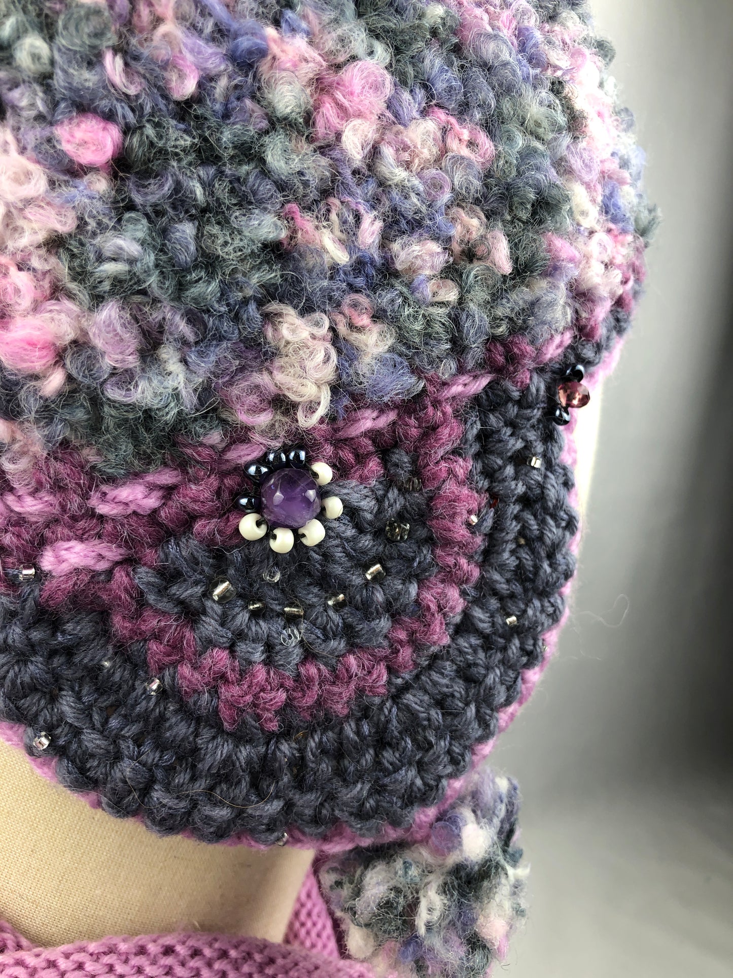 Grey pink purple earflaps hat