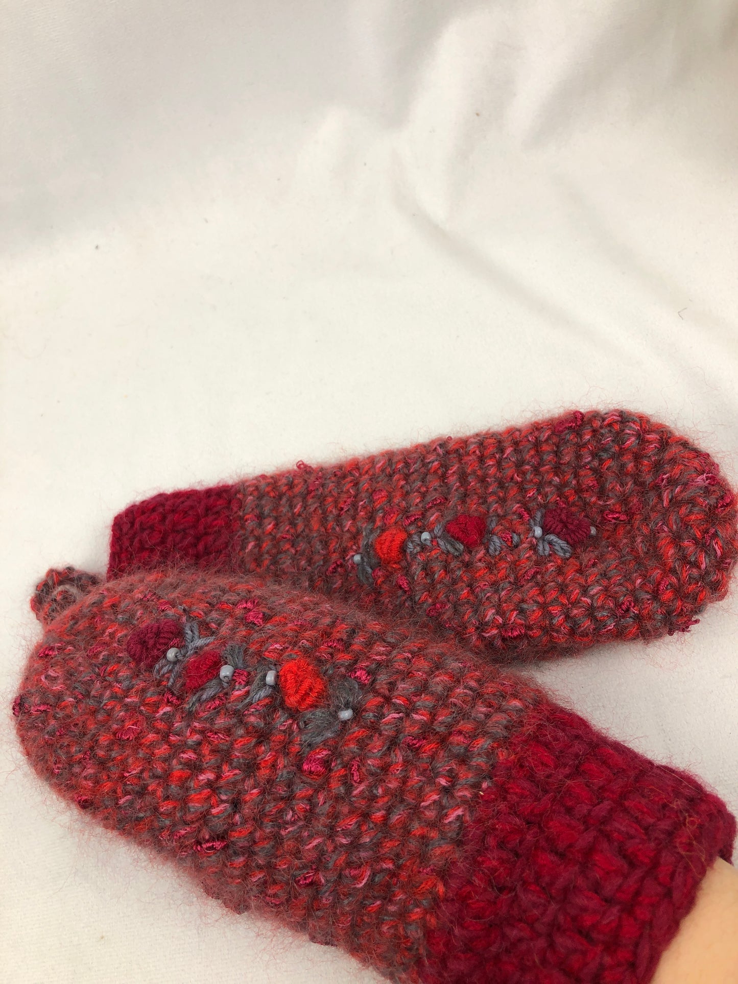 Red grey mohair wool mittens