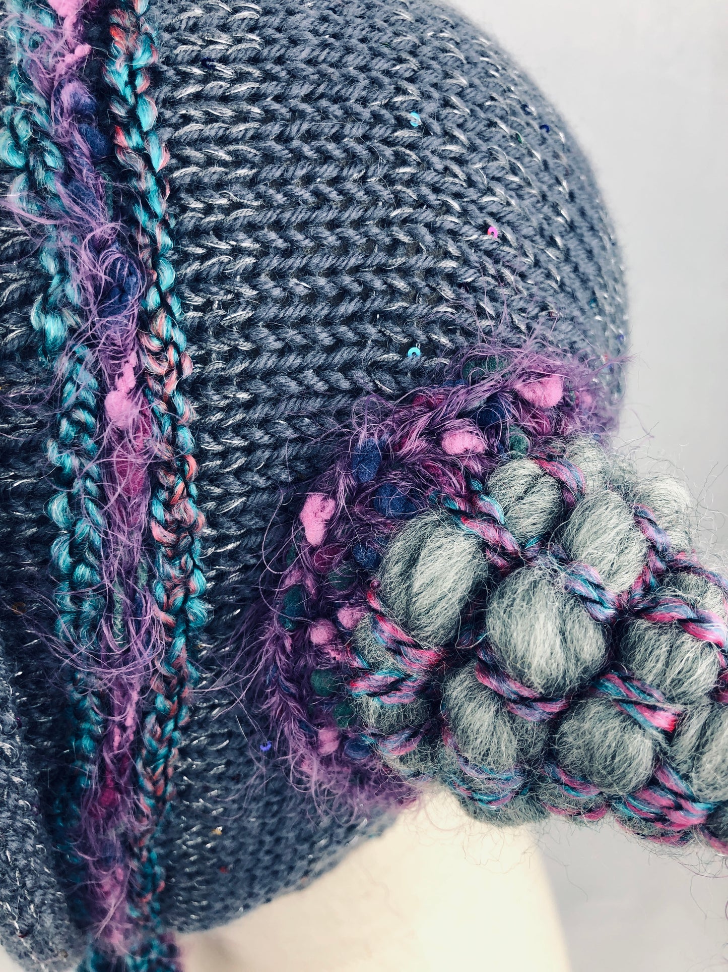 Grey purple Jester bonnet hat