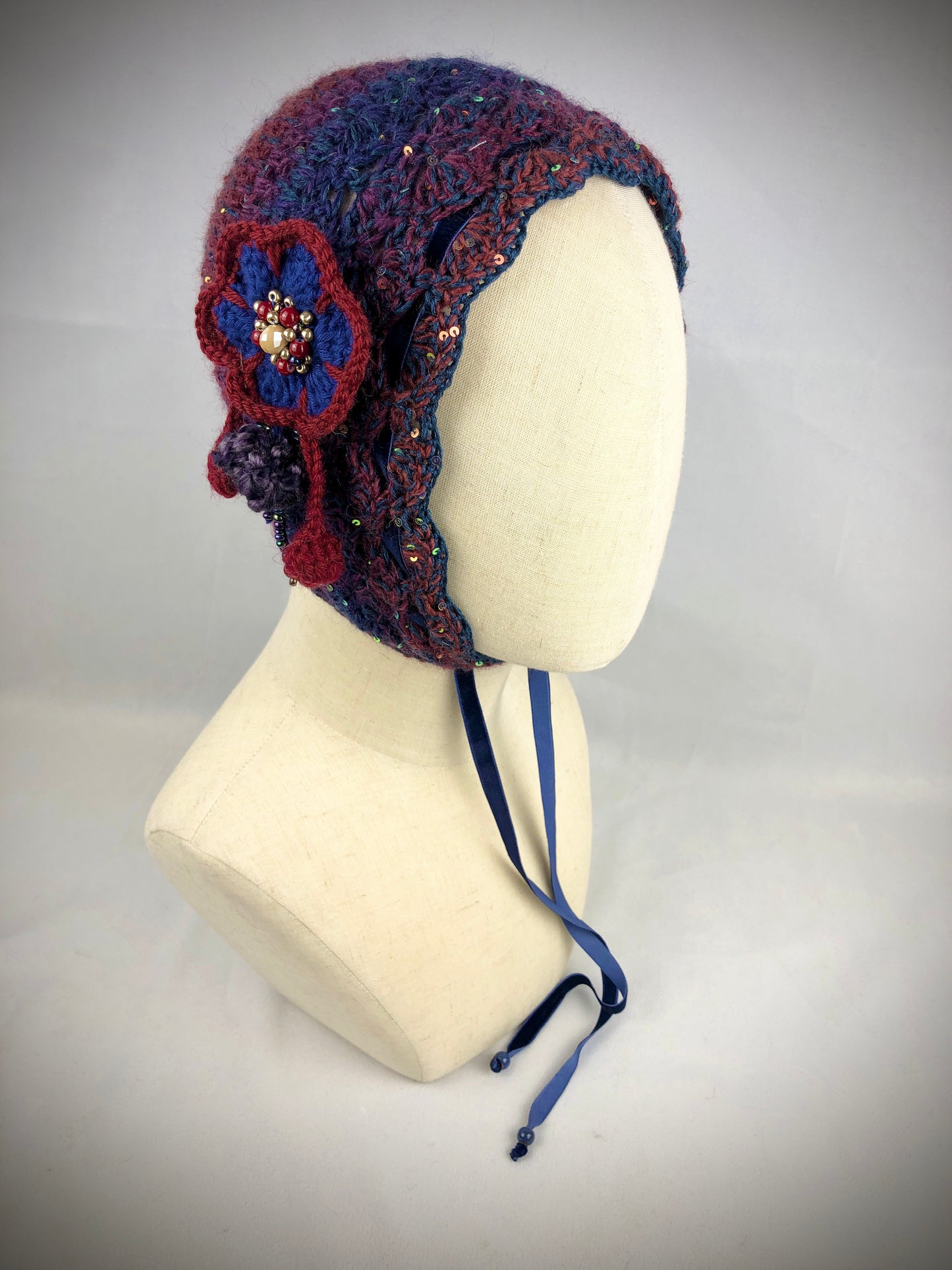 Blue maroon wool bonnet hat