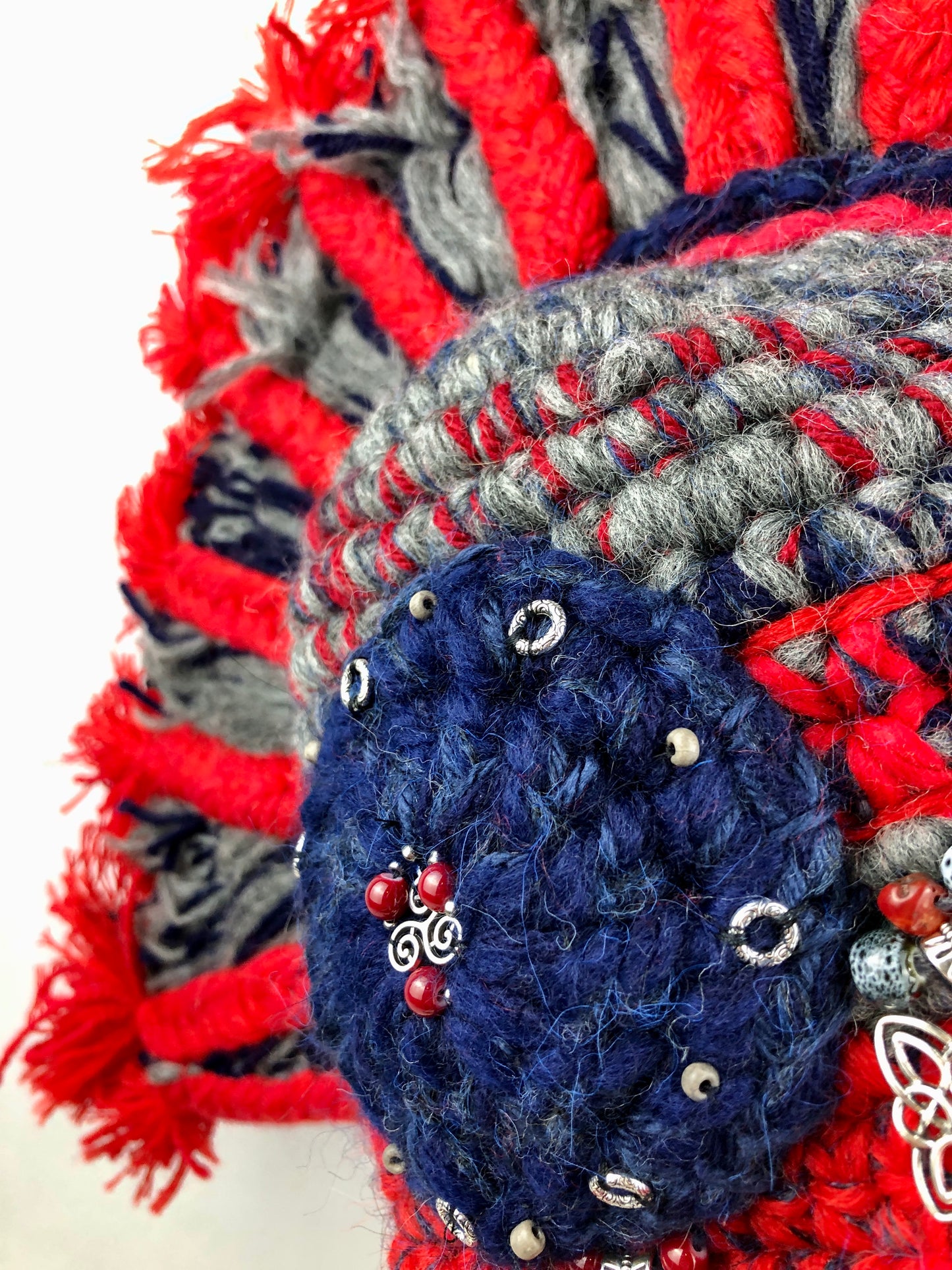 Red grey wool Mohawk hat. Legionary helmet