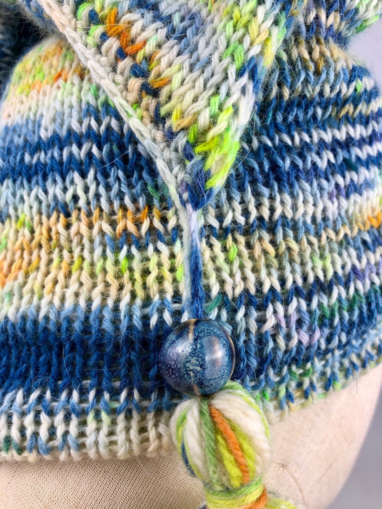 Blue white stripe raccoon wool beanie toque