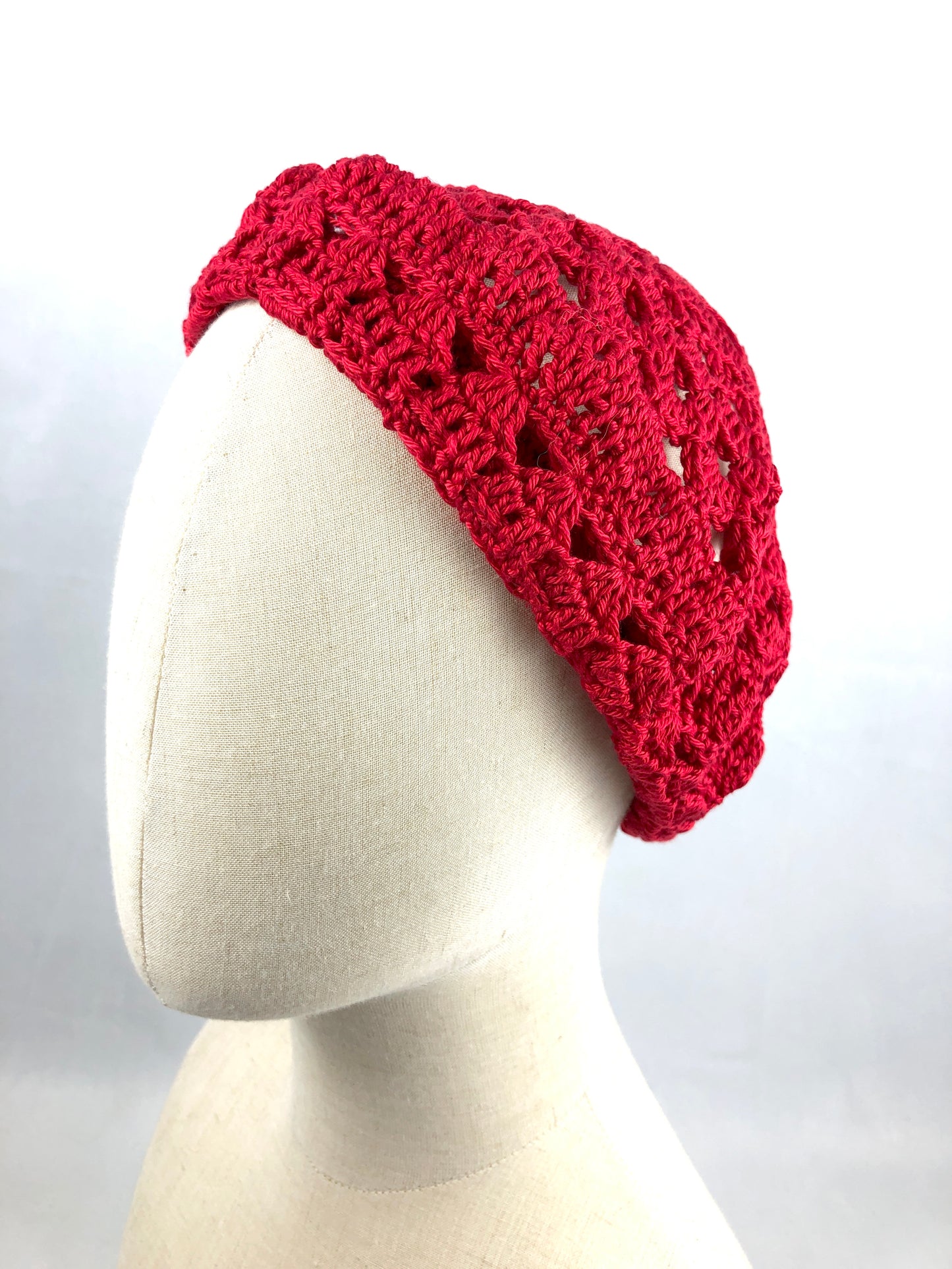 Red lace crochet beret