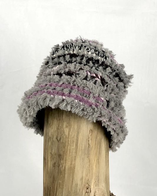 Grey and Pink Fuzzy Bucket Hat