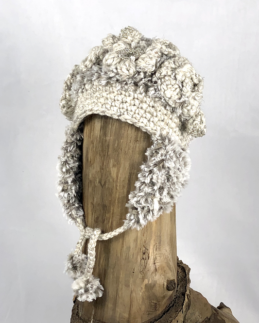 Silver Flower Flapped Toque