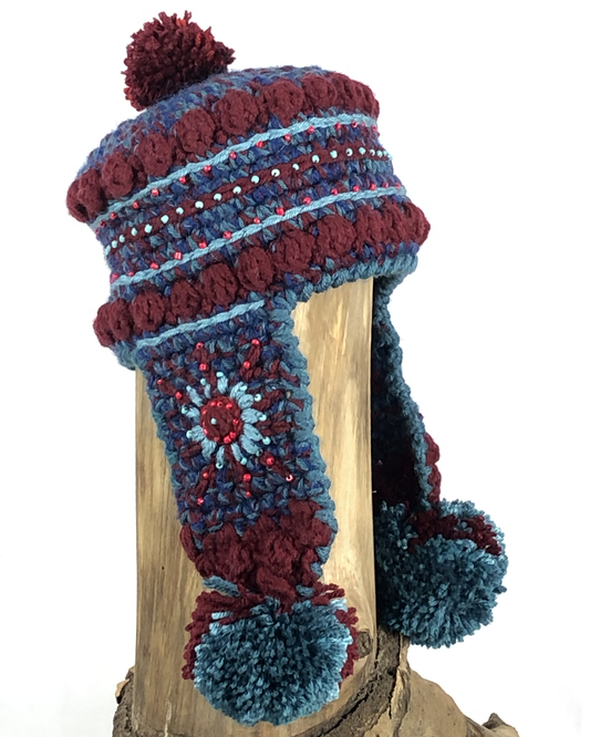 Blue and Maroon Beaded Toque