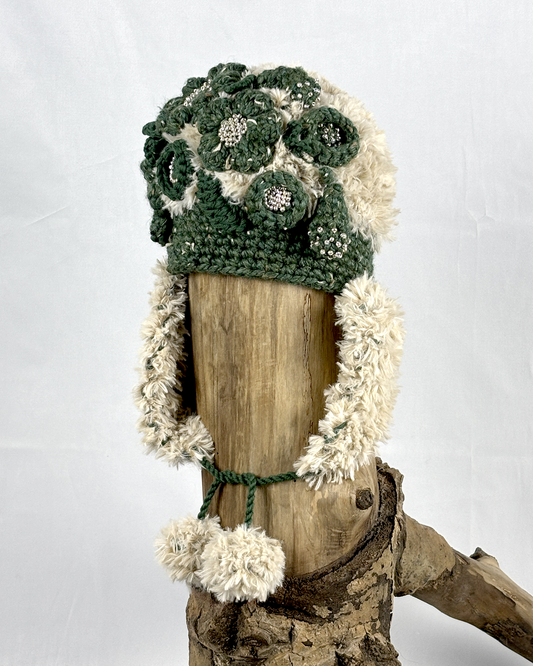 Green and Beige Flower Flapped Hat