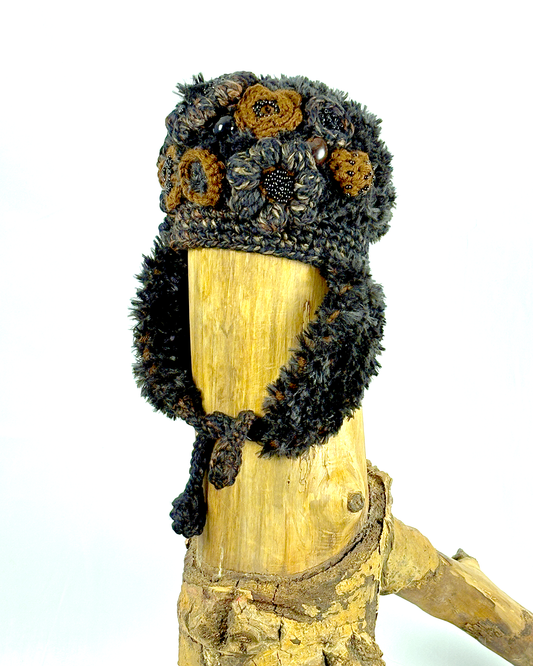 Black and Brown Flowered Flapped Hat