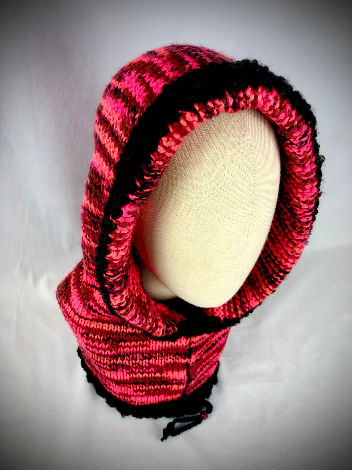 Neon pink striped hood scarf hat