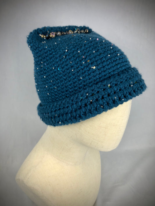 Teal beaded shovel beanie toque