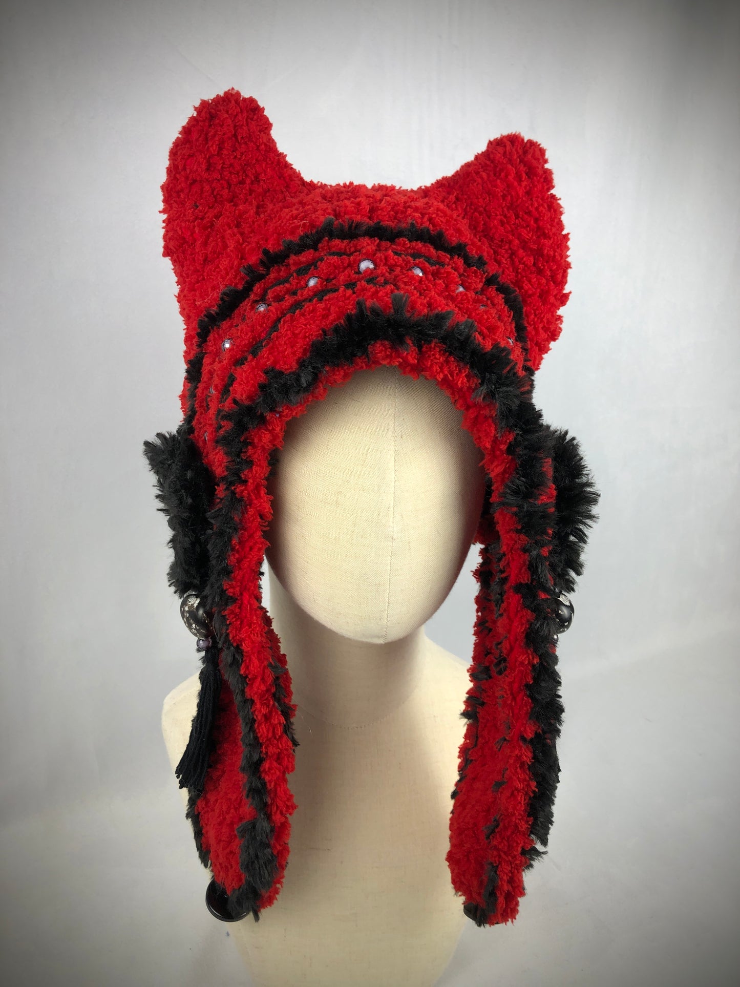 Red fuzzy cat bonnet hood hat
