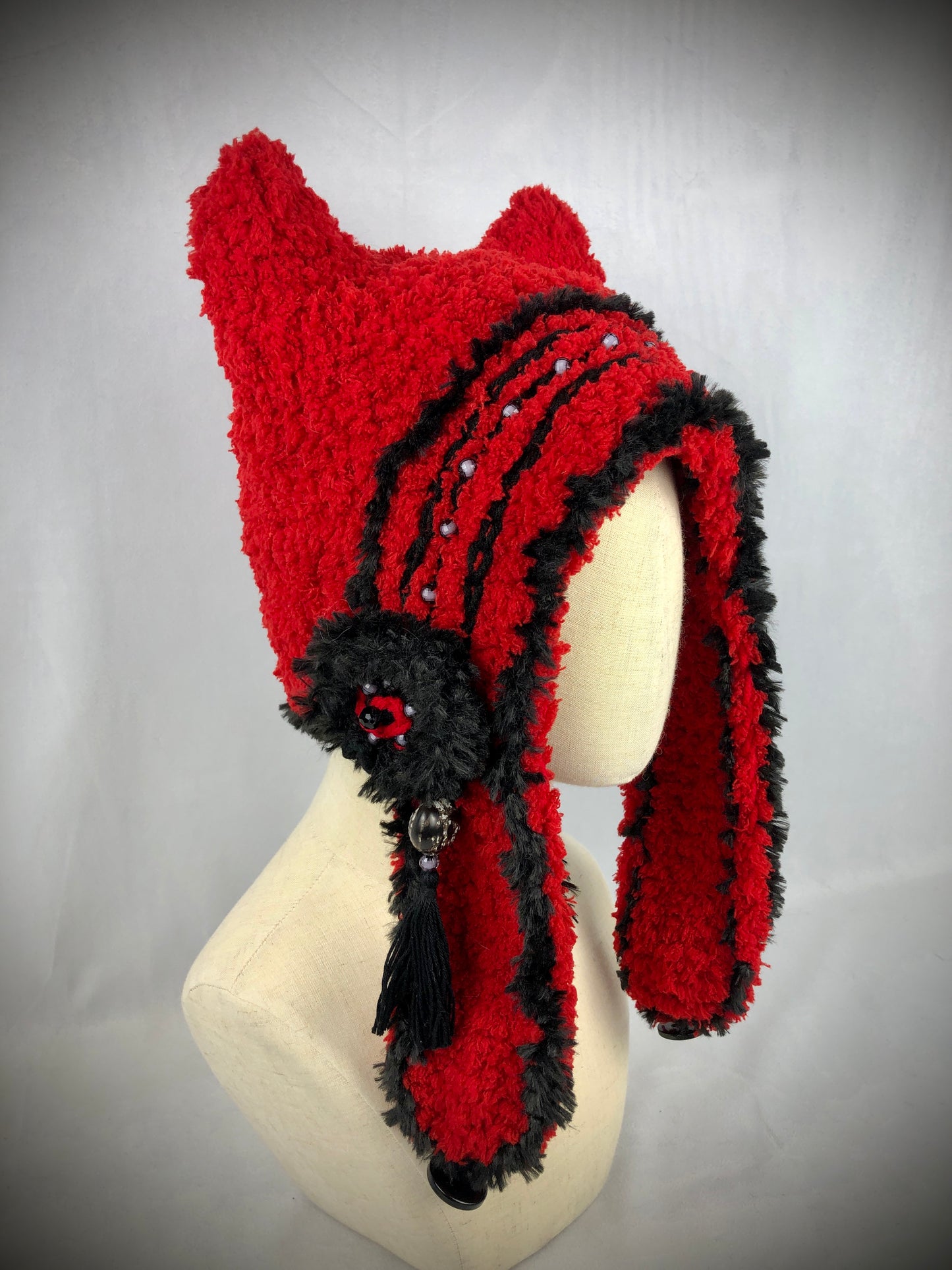 Red fuzzy cat bonnet hood hat