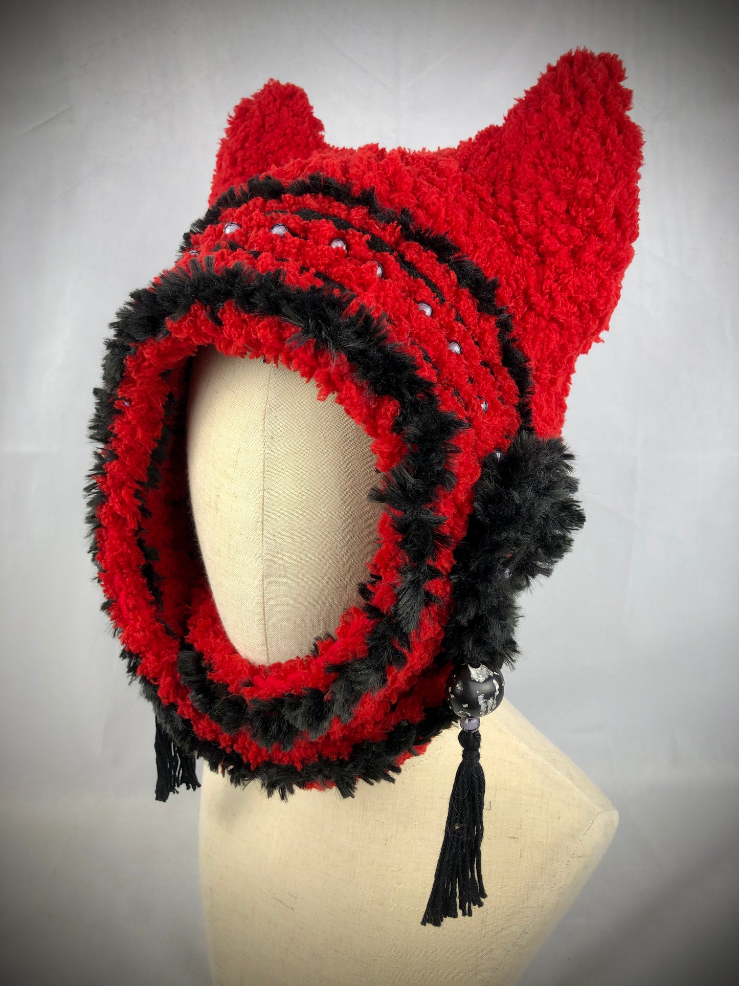 Red fuzzy cat bonnet hood hat