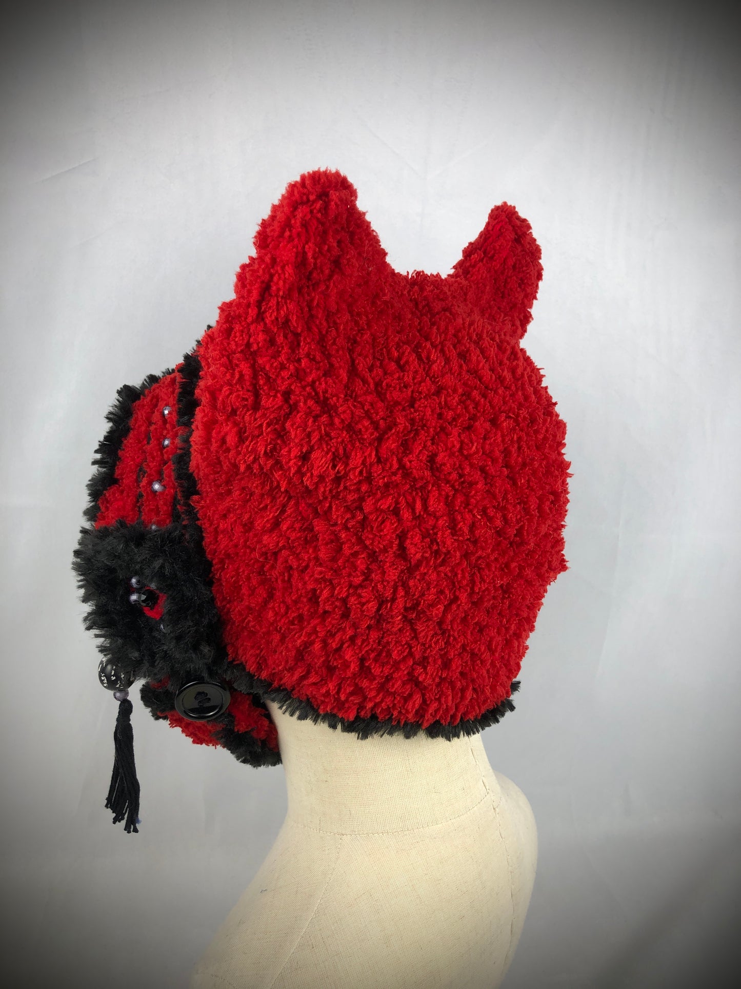 Red fuzzy cat bonnet hood hat