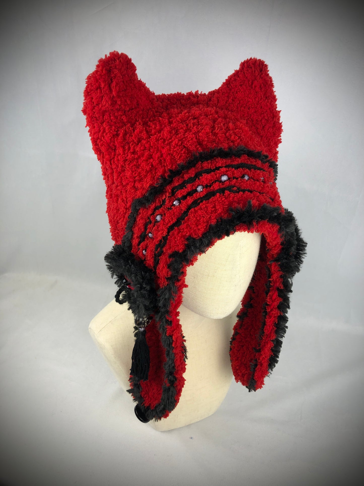 Red fuzzy cat bonnet hood hat