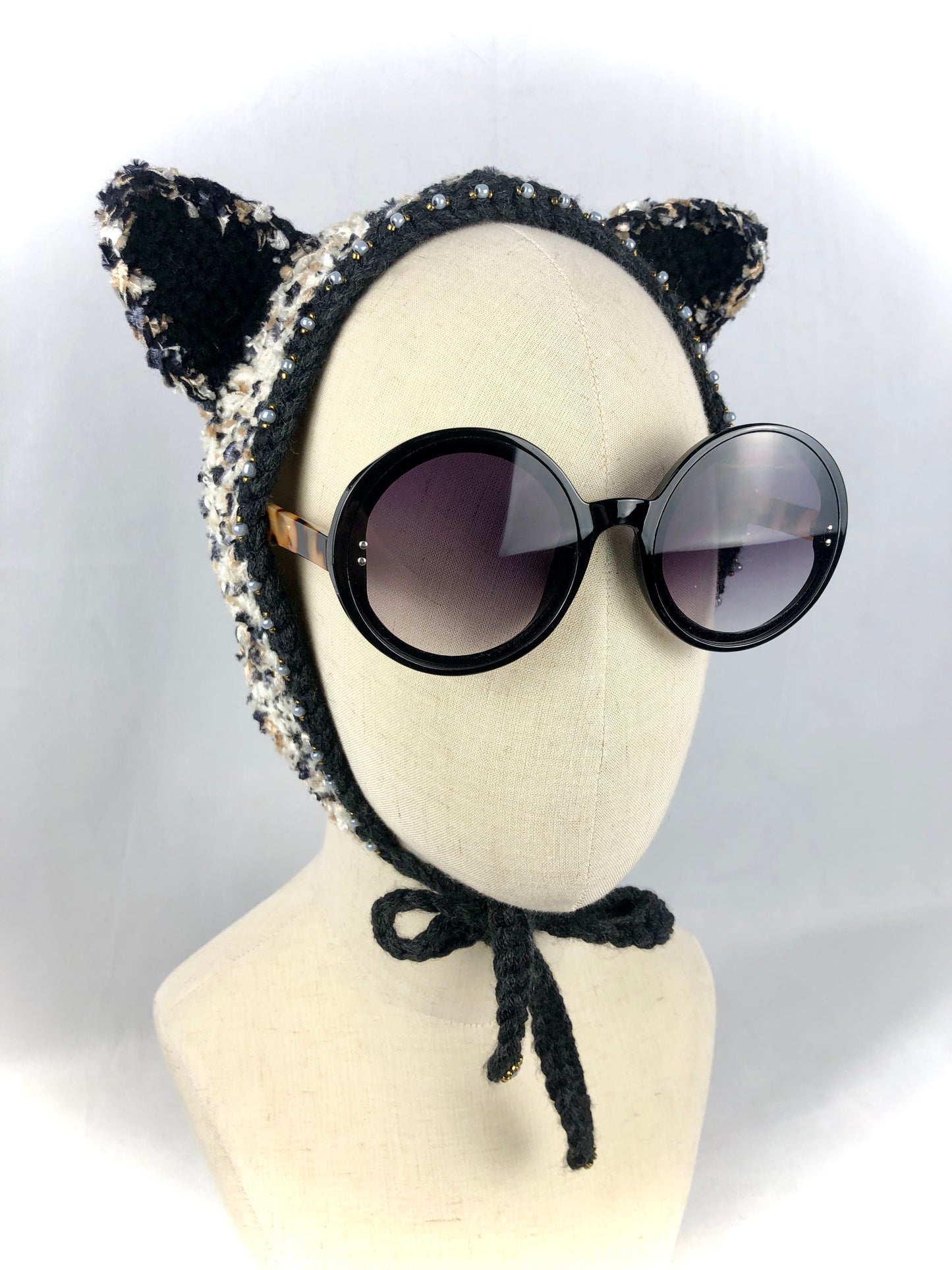 Black beige cat bonnet style headband