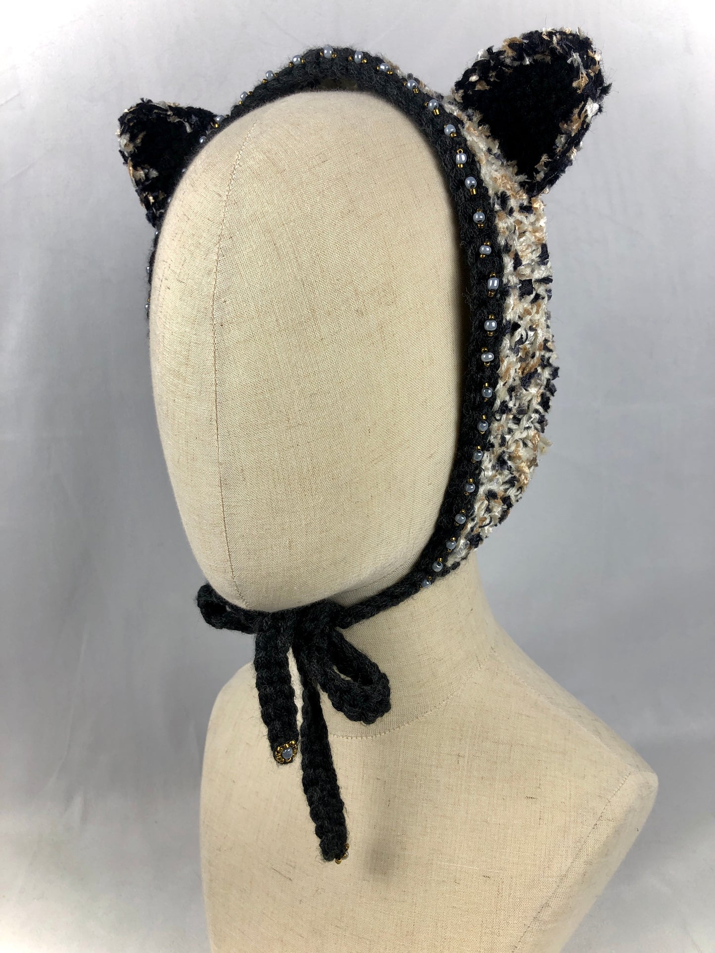 Black beige cat bonnet style headband