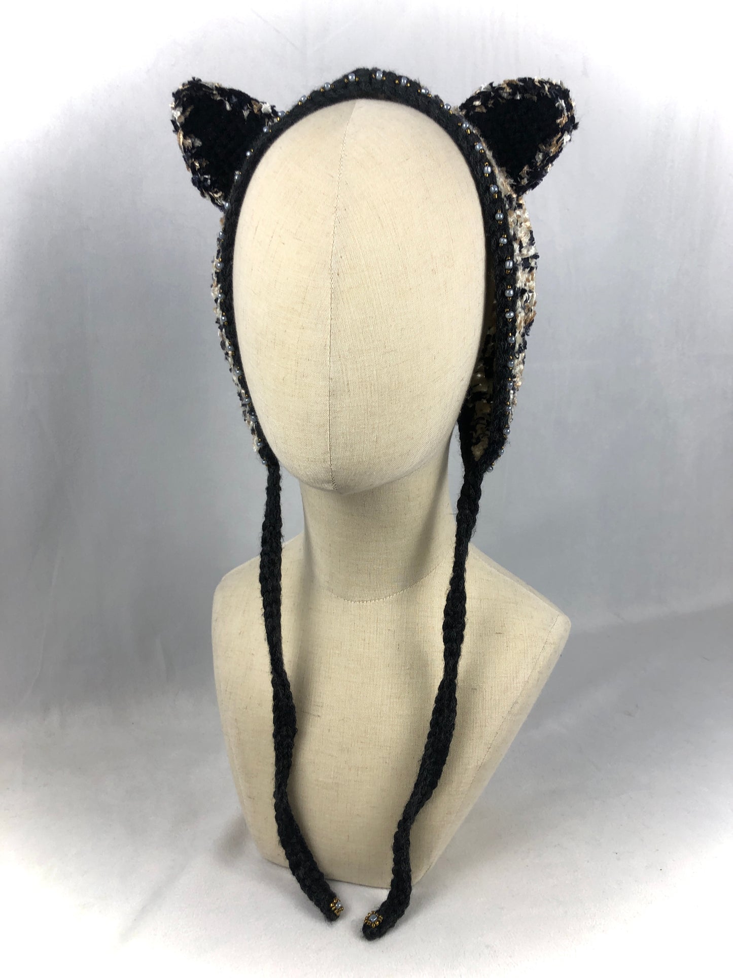 Black beige cat bonnet style headband