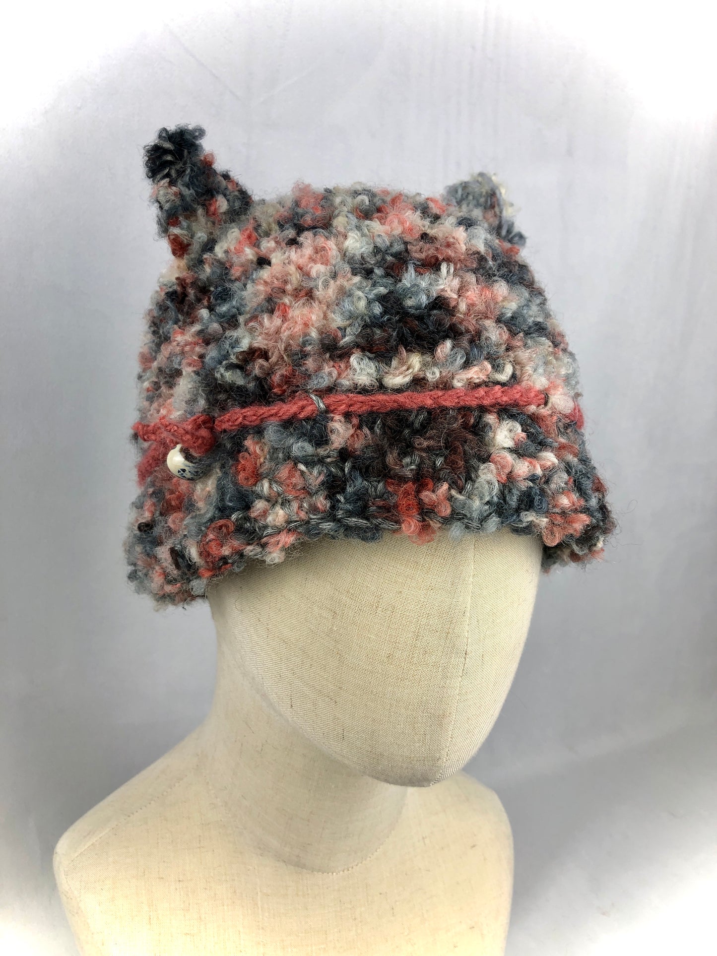 Grey pink brown cat bucket hat