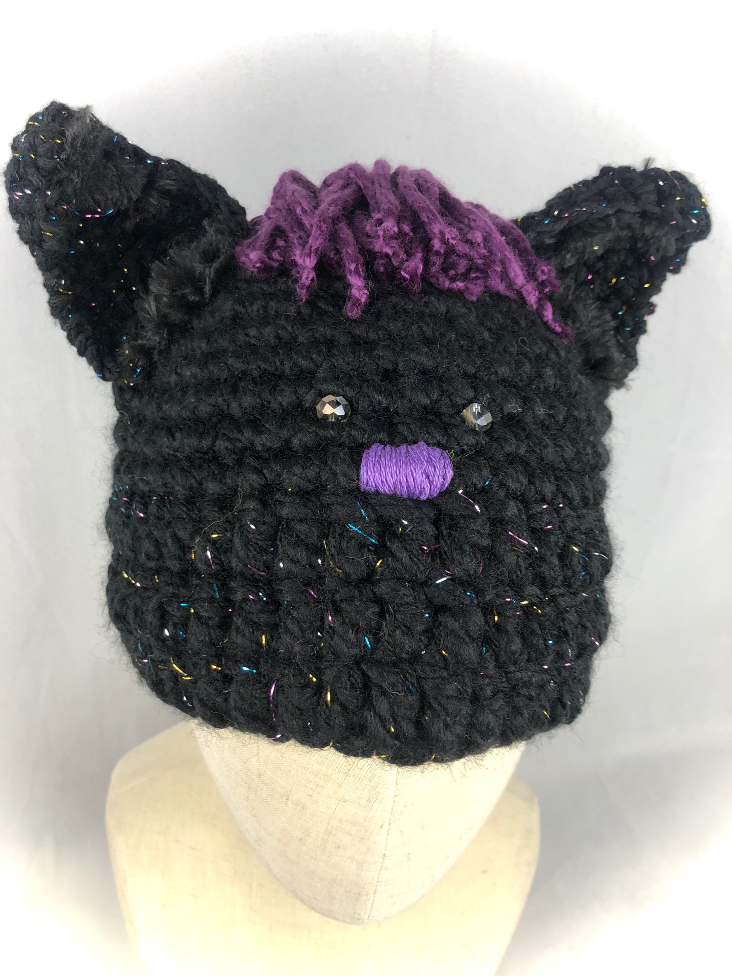 Black purple cat beanie toque