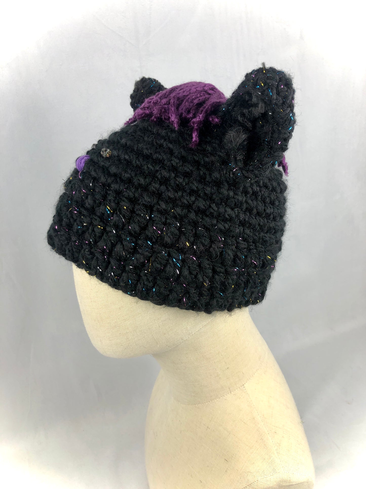 Black purple cat beanie toque