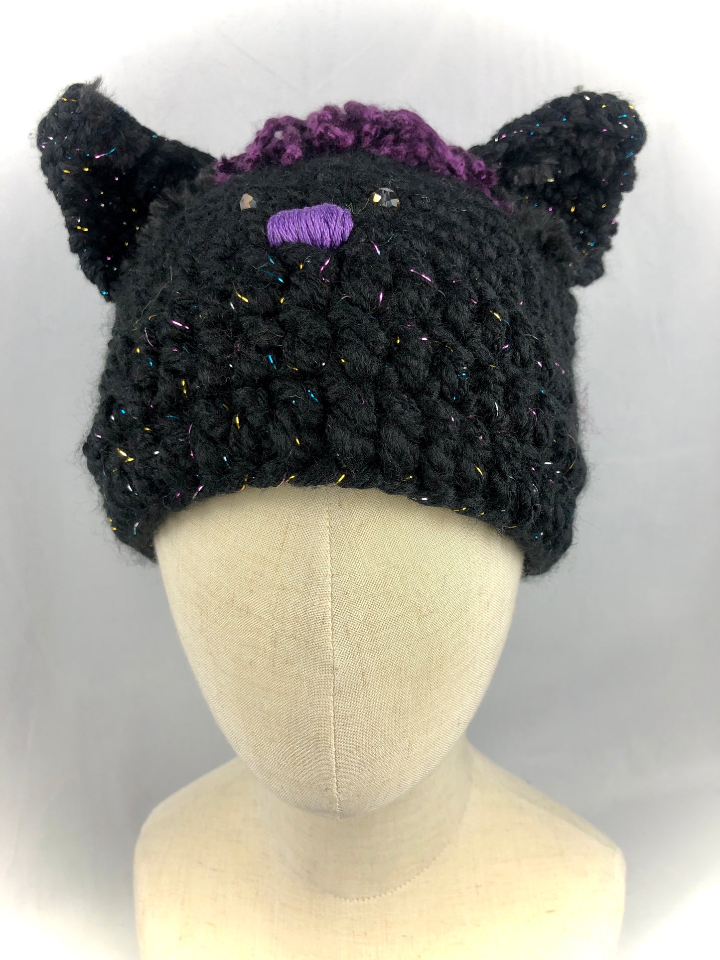 Black purple cat beanie toque