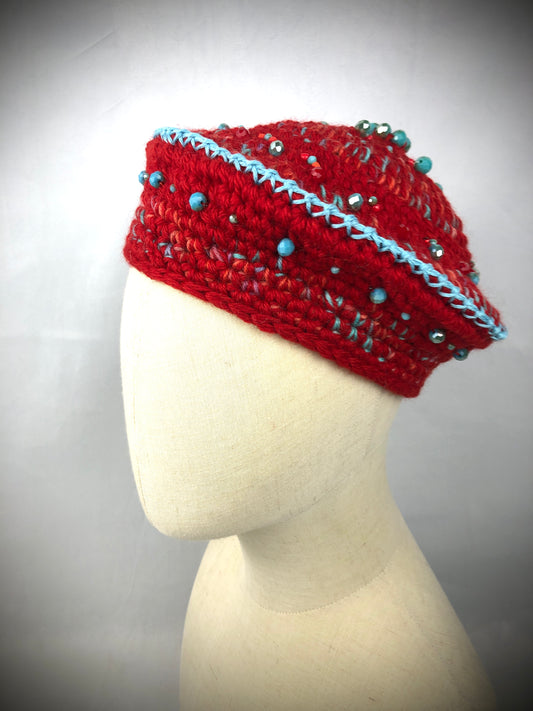 Red turquoise merino beret
