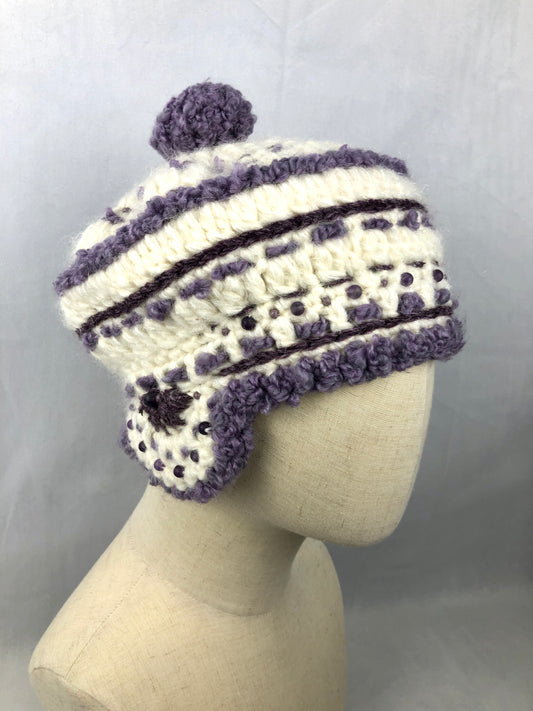 White purple amethyst earflaps beret