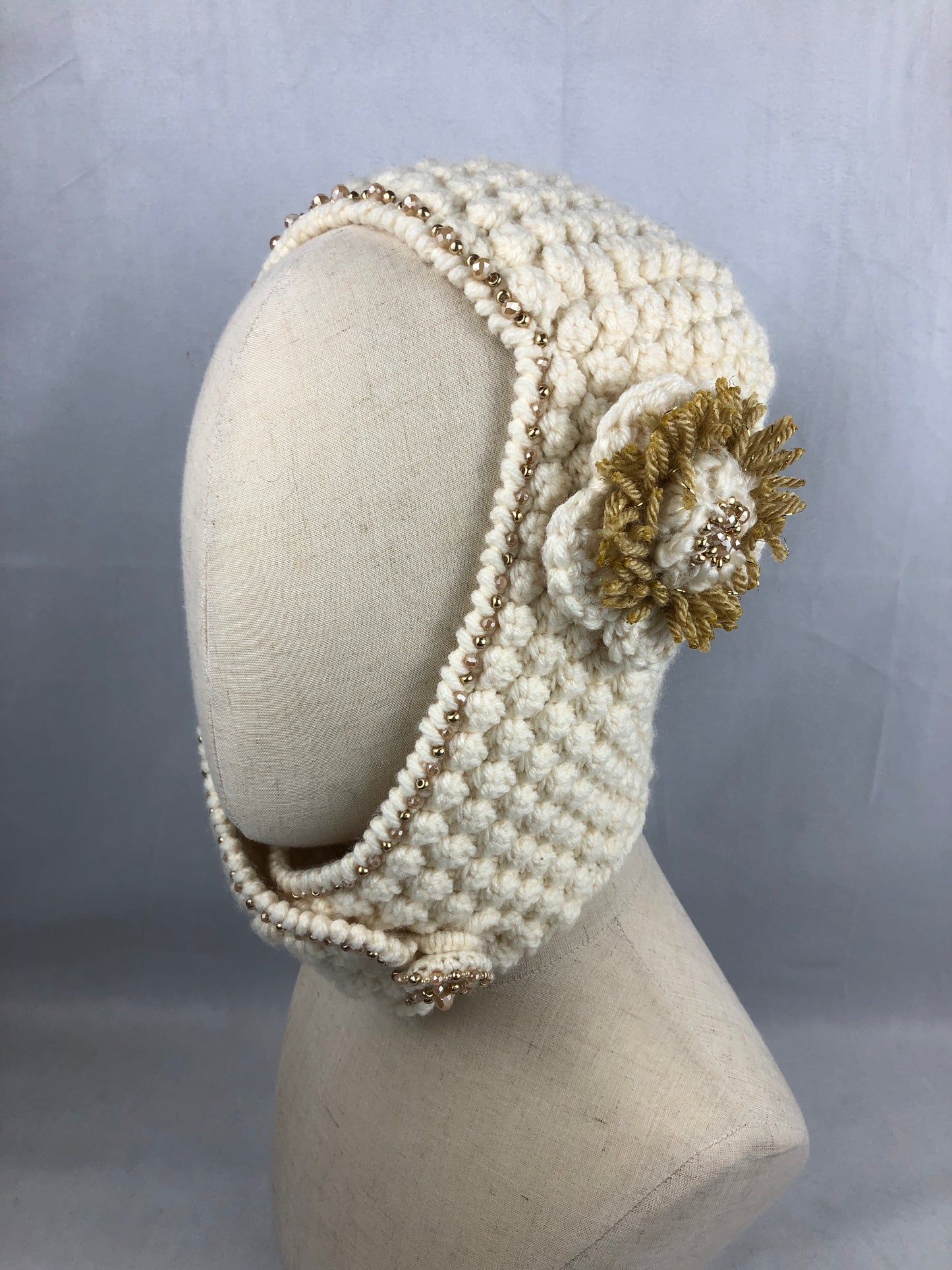 Cream gold bonnet style balaclava hat