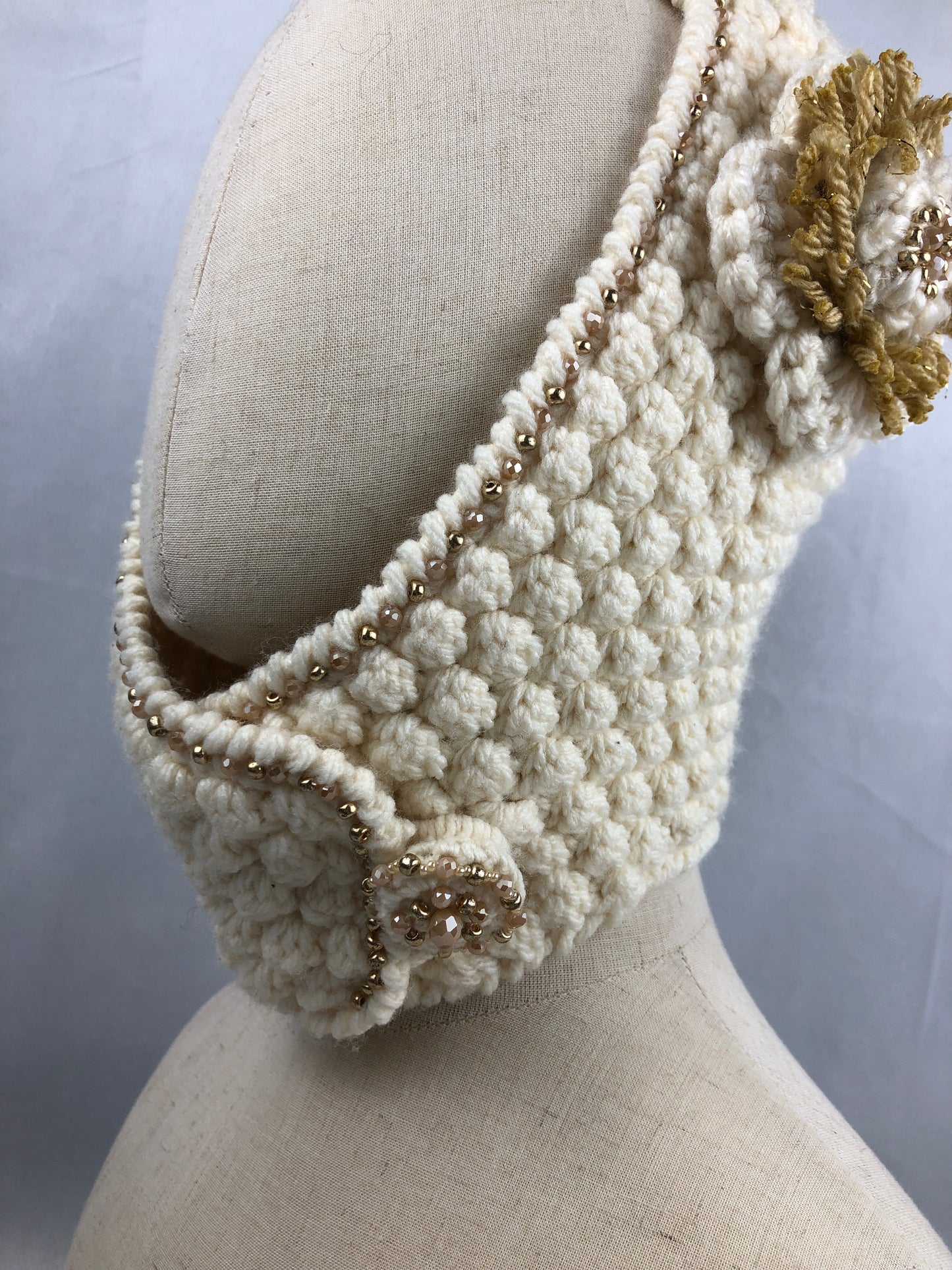 Cream gold bonnet style balaclava hat