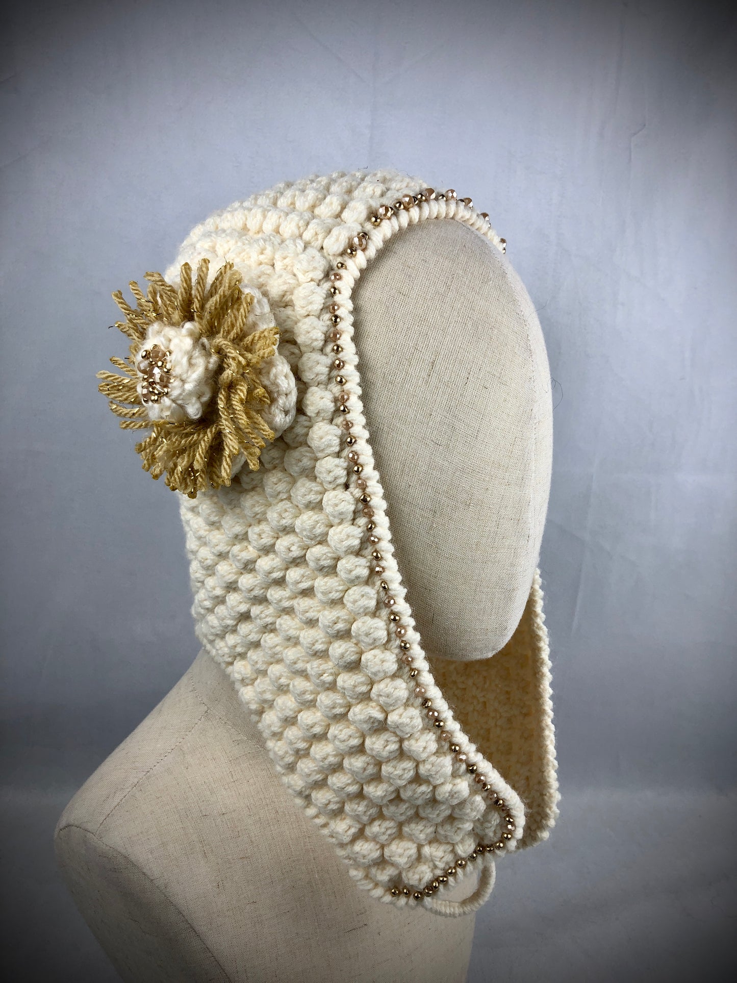 Cream gold bonnet style balaclava hat