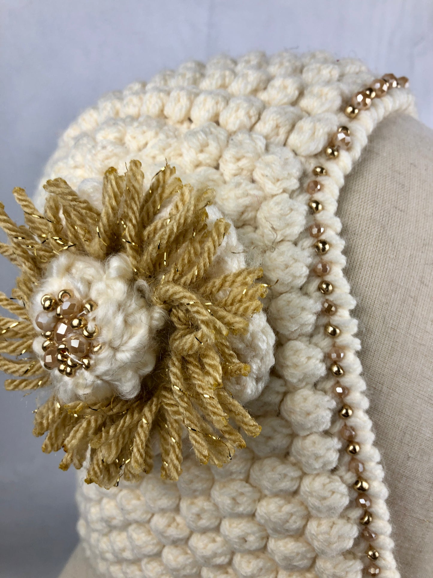 Cream gold bonnet style balaclava hat