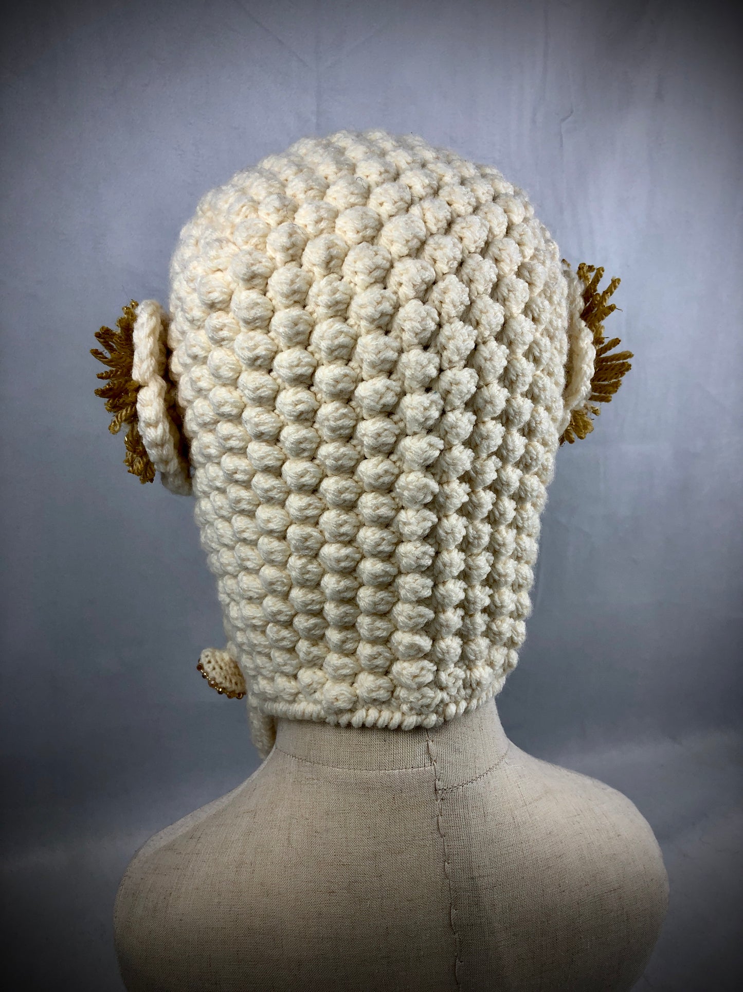Cream gold bonnet style balaclava hat