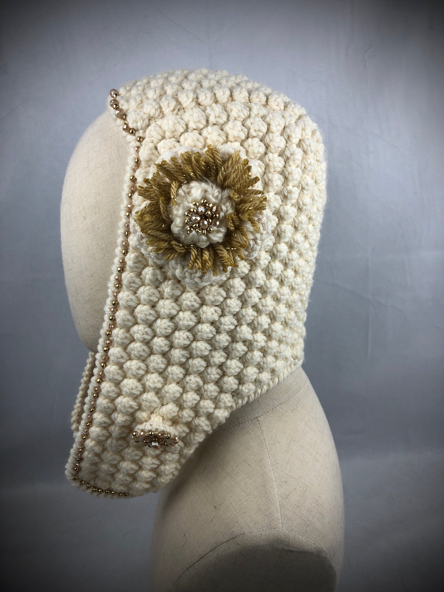 Cream gold bonnet style balaclava hat