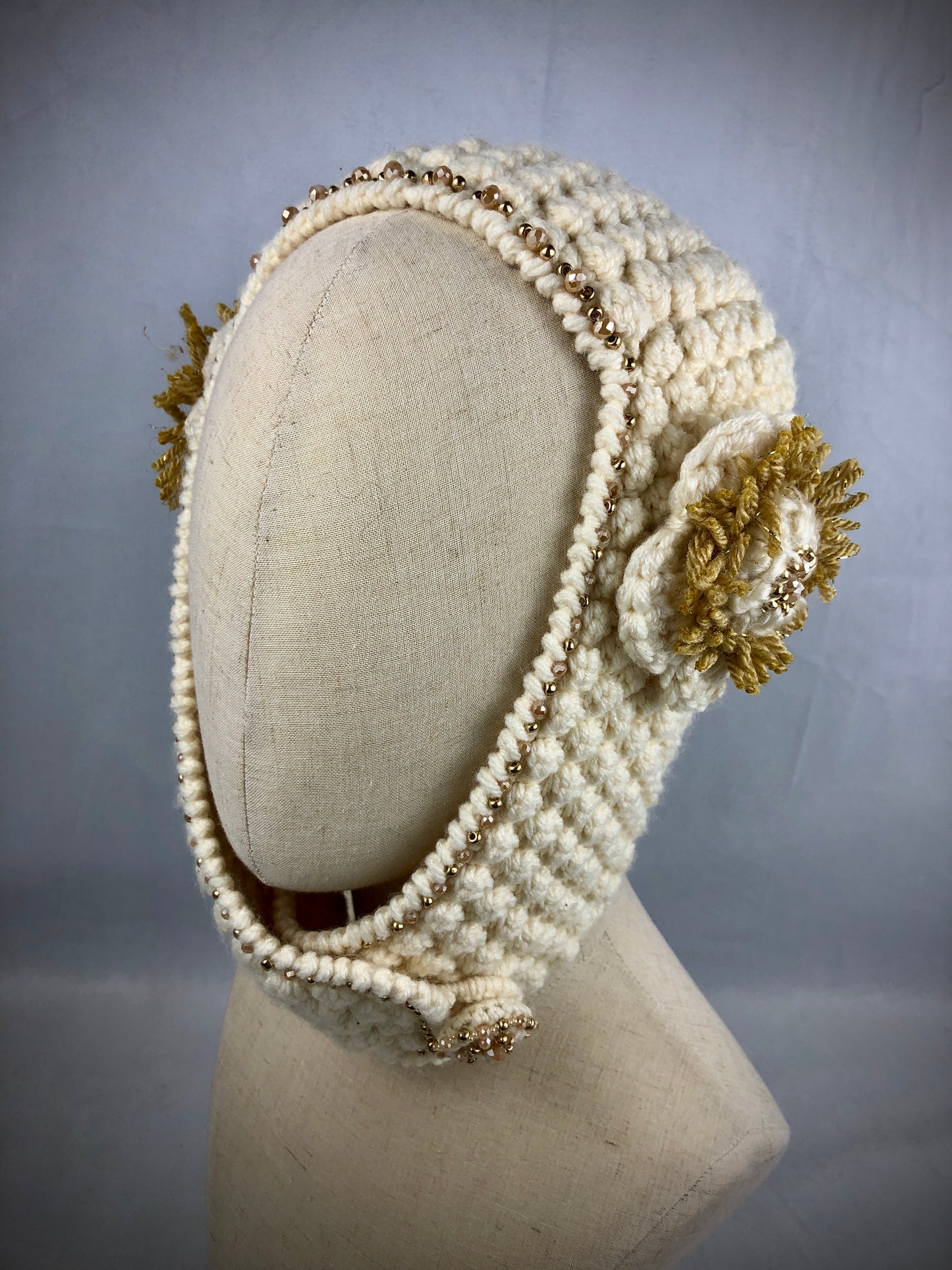 Cream gold bonnet style balaclava hat