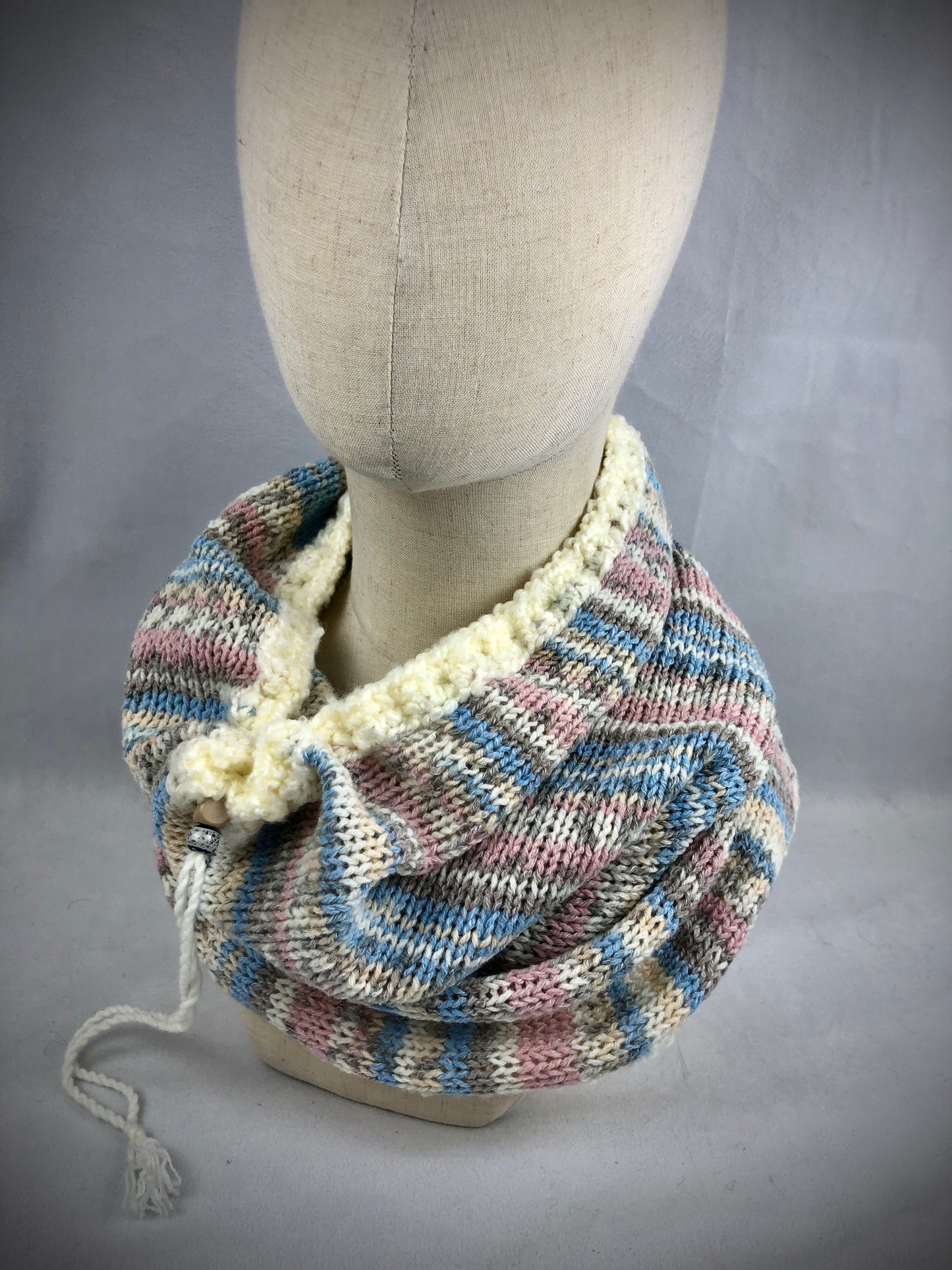Blue pink grey neck warmer scarf