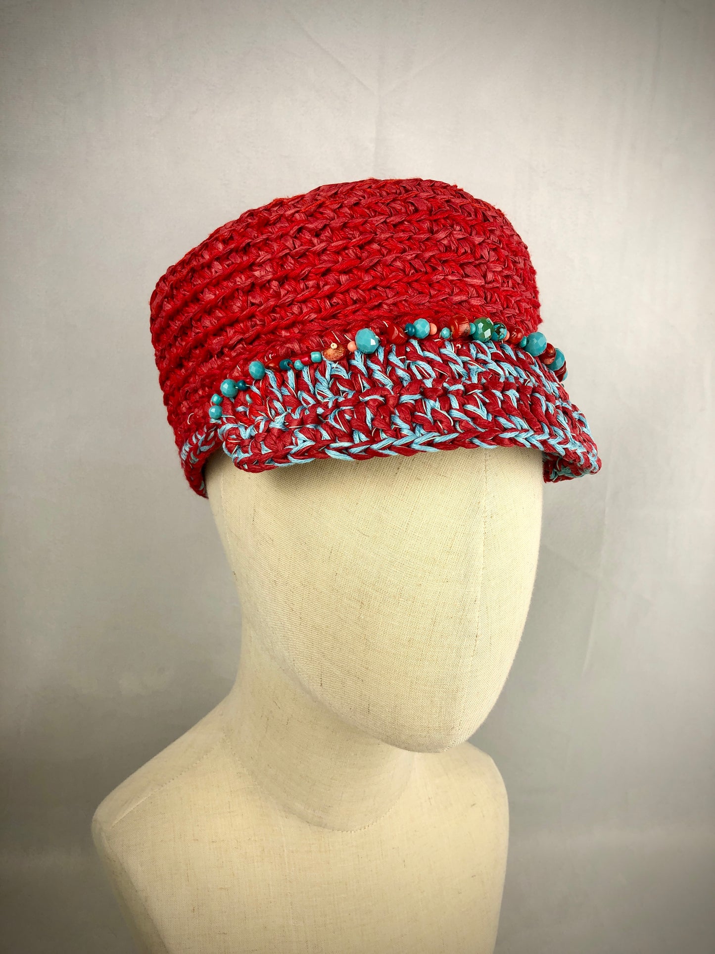 Red turquoise raffia kepi