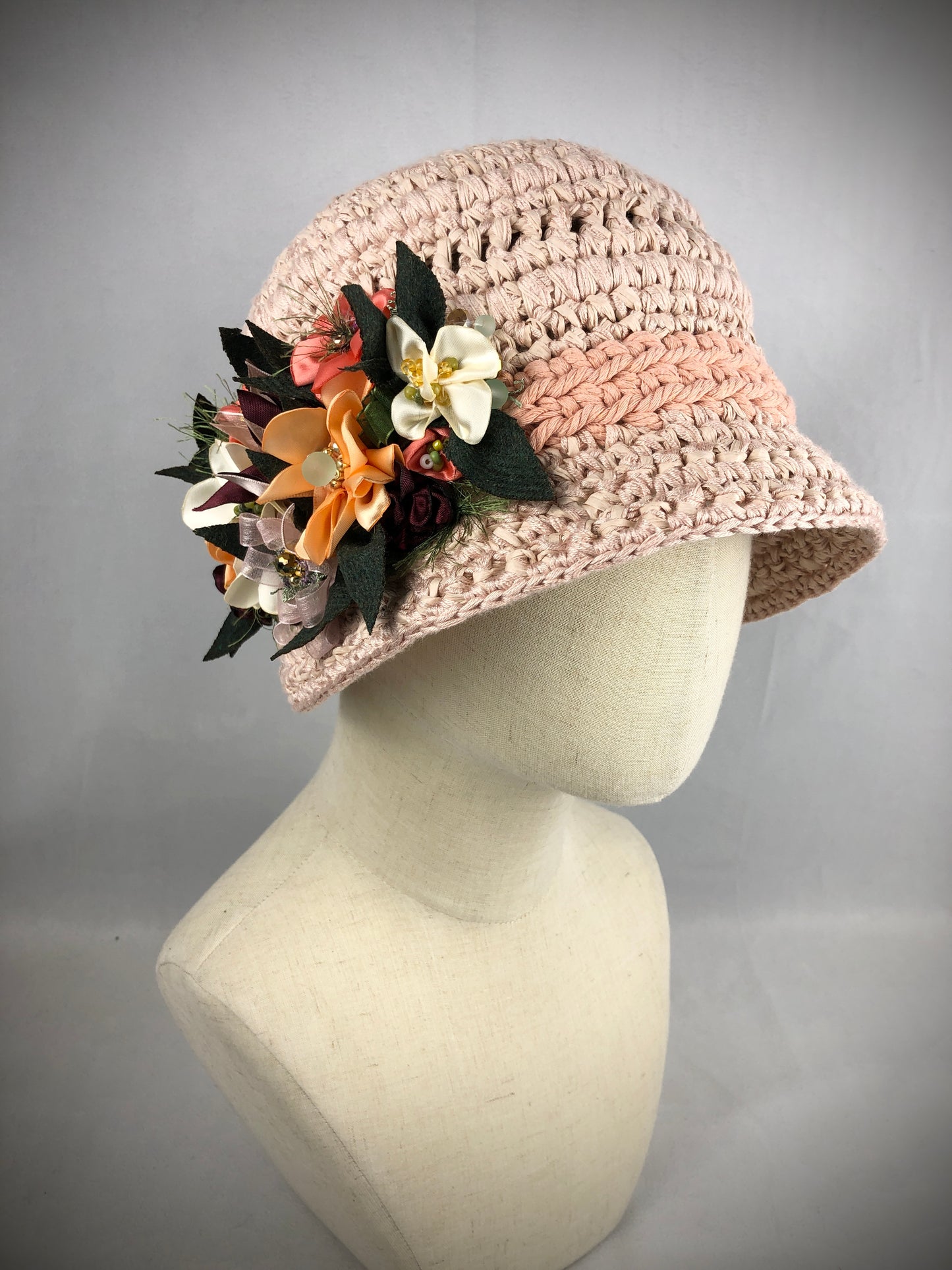 Cream peach bucket cloche hat
