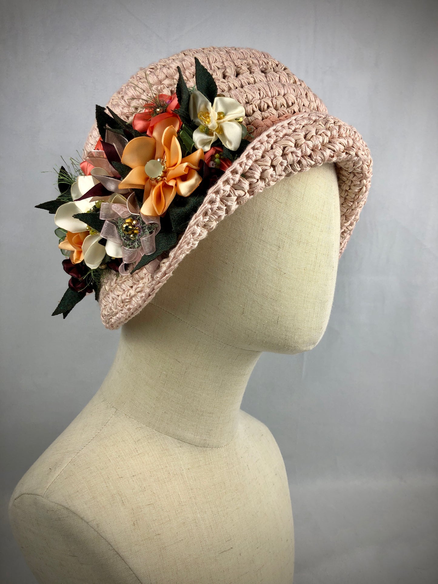 Cream peach bucket cloche hat