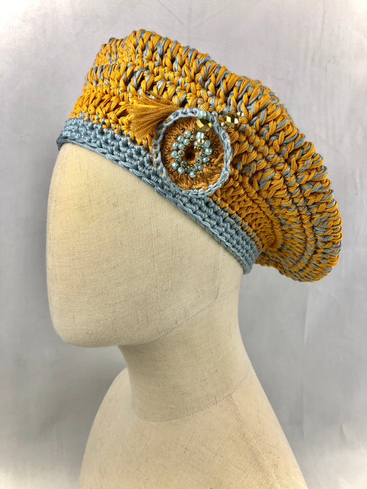 Yellow blue cotton beret