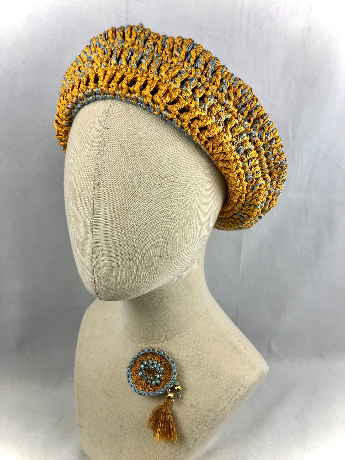Yellow blue cotton beret