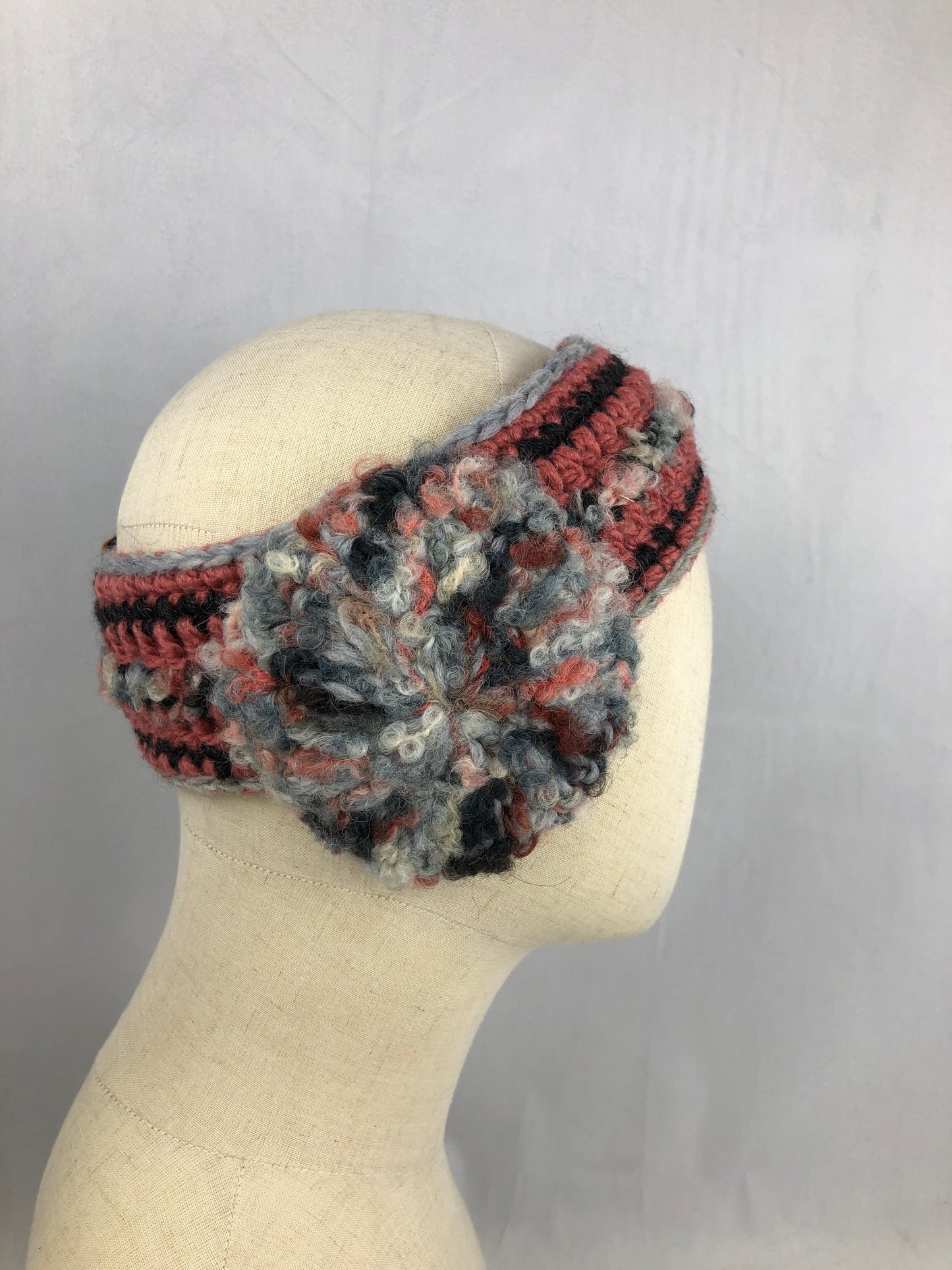 Pink grey wool headband