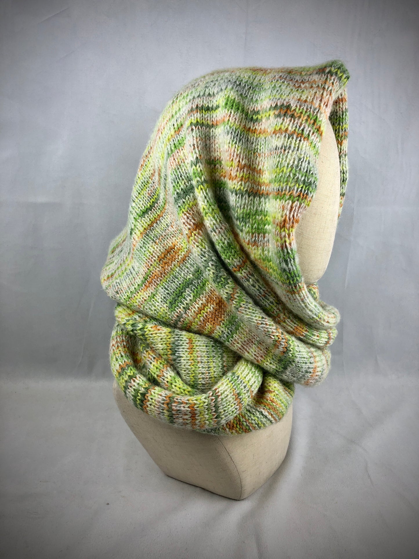 Lime beige orange wool scarf/hood