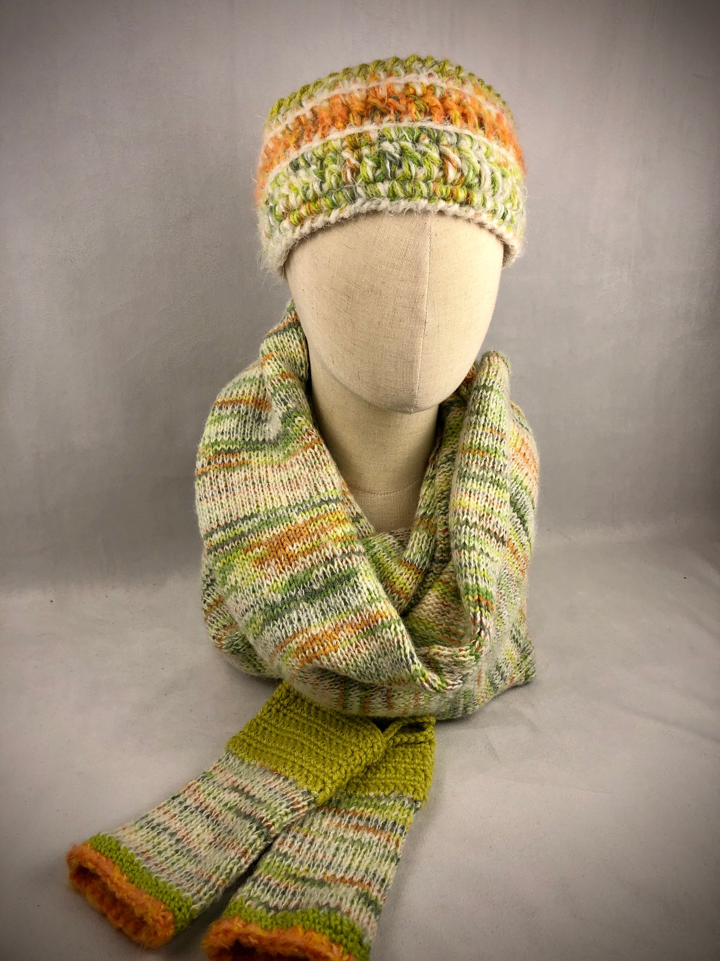 Lime beige orange wool scarf/hood