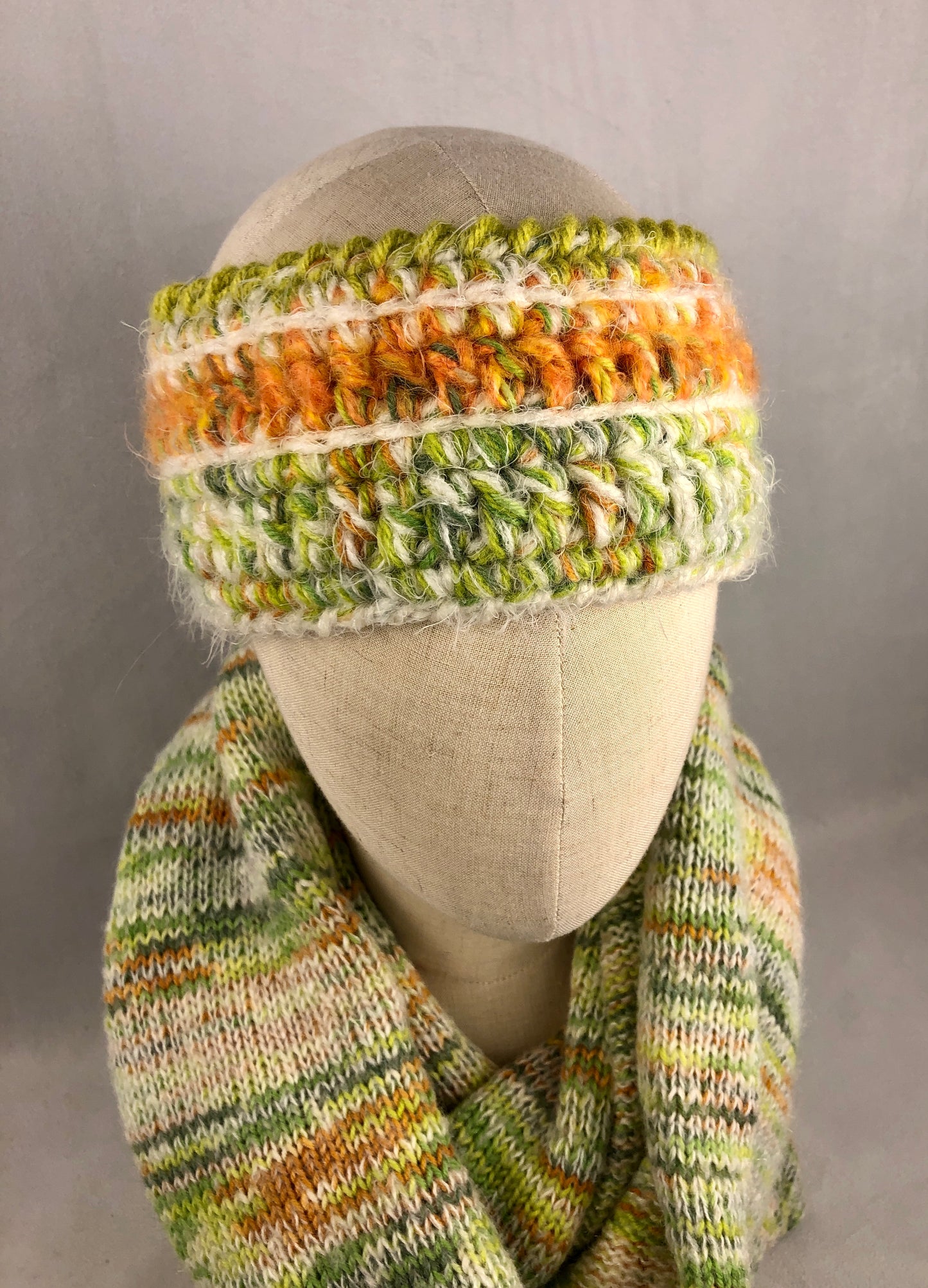 Lime orange wool headband and wrist warmers set