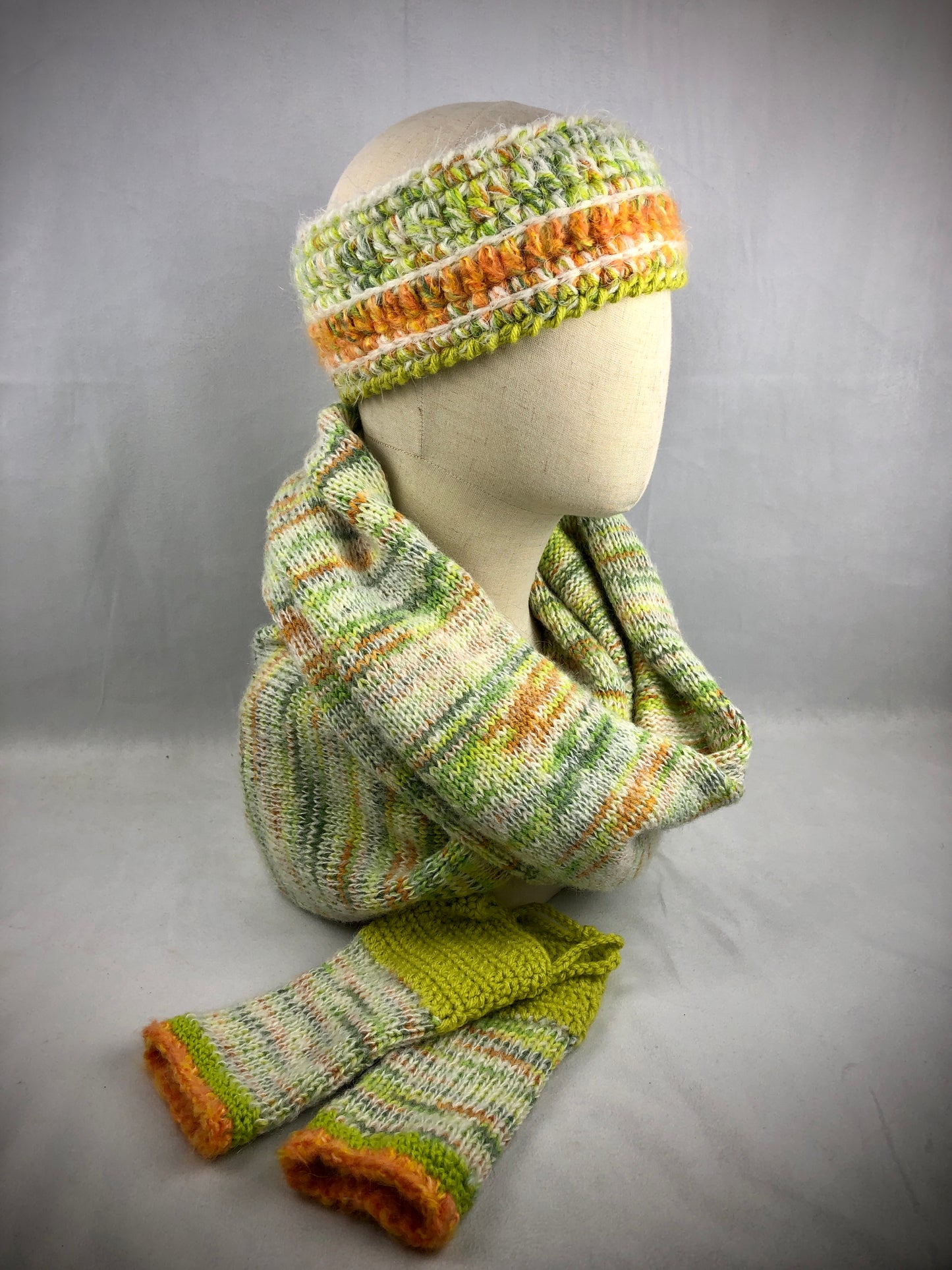 Lime orange wool headband and wrist warmers set